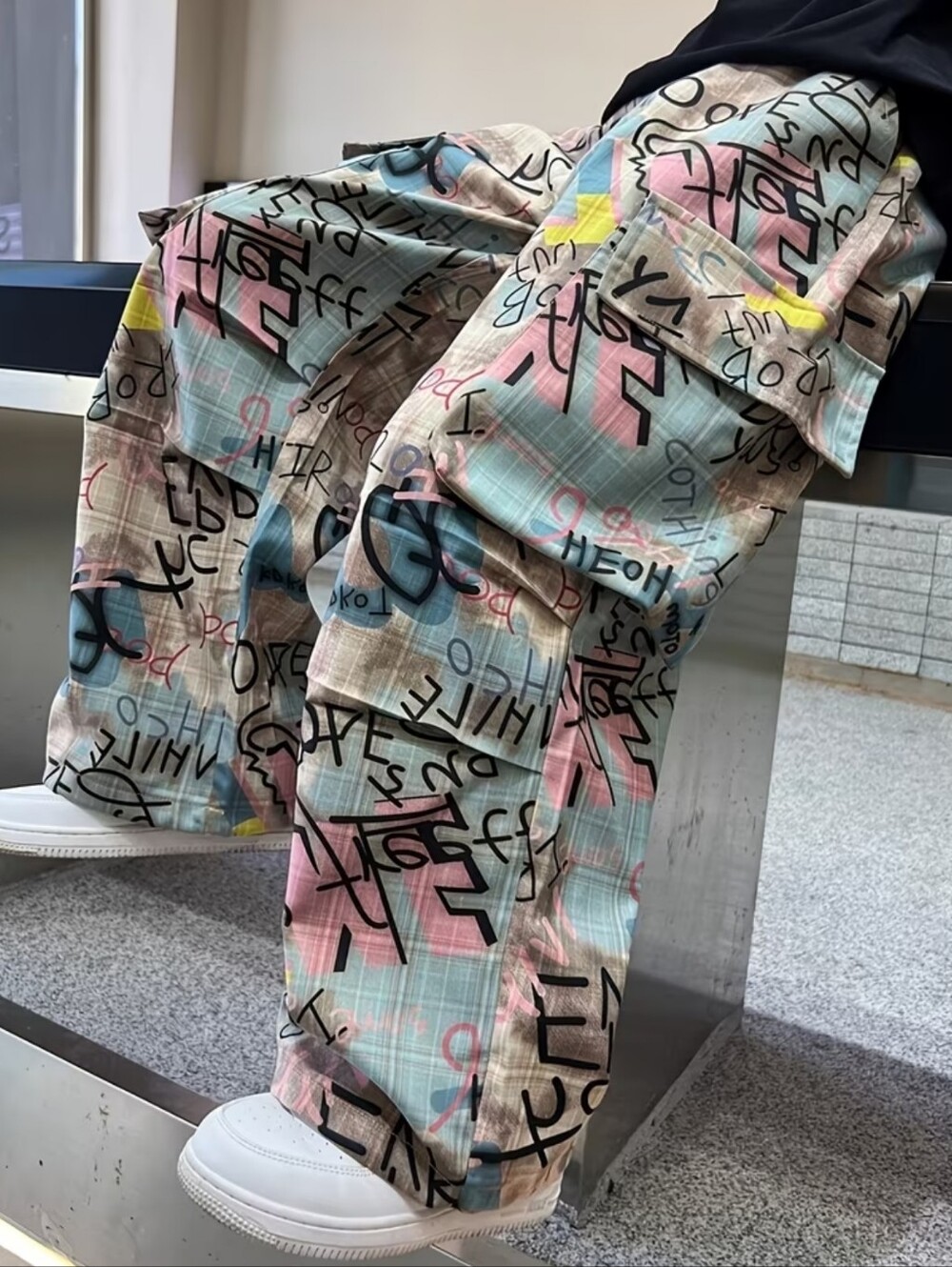 Multi-Color Graffiti Print Cargo Pants for Men